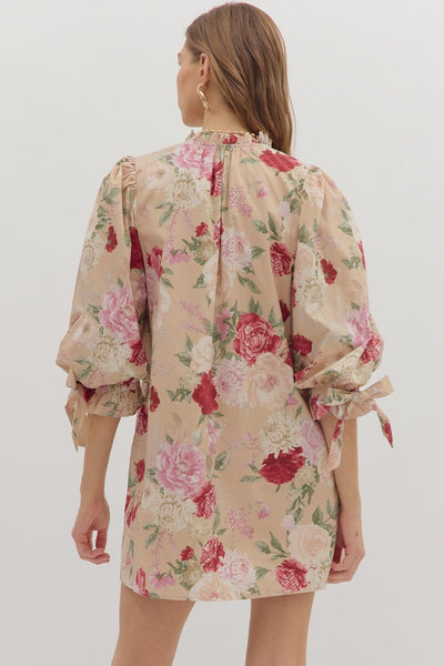 bring the good floral bubble sleeve dress | sand