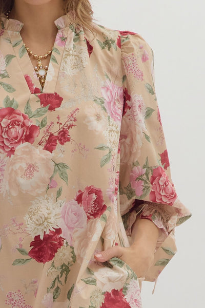 bring the good floral bubble sleeve dress | sand