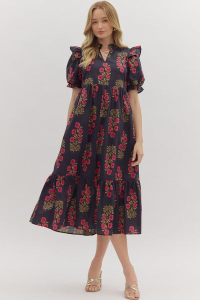 vineyard affair floral puff sleeve midi dress | black