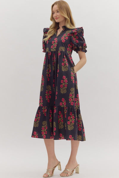vineyard affair floral puff sleeve midi dress | black