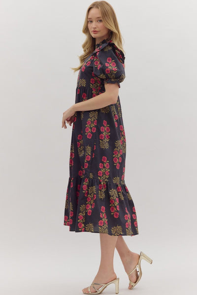 vineyard affair floral puff sleeve midi dress | black
