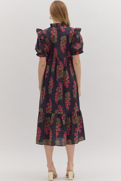vineyard affair floral puff sleeve midi dress | black