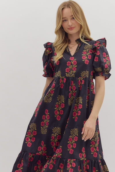 vineyard affair floral puff sleeve midi dress | black