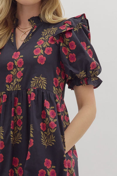 vineyard affair floral puff sleeve midi dress | black