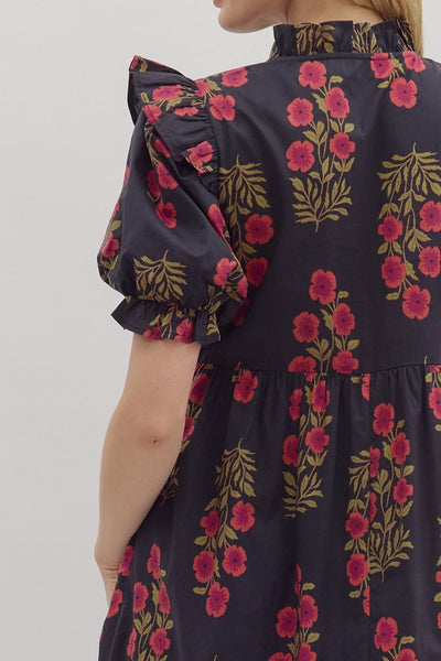 vineyard affair floral puff sleeve midi dress | black