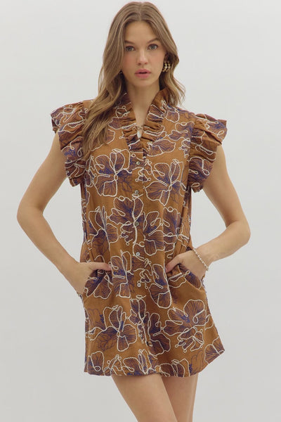 meant to shine floral embroidered dress | camel