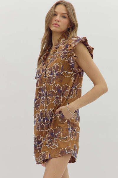 meant to shine floral embroidered dress | camel