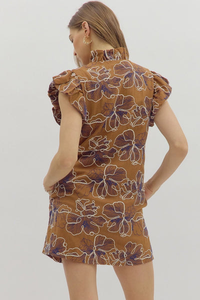 meant to shine floral embroidered dress | camel