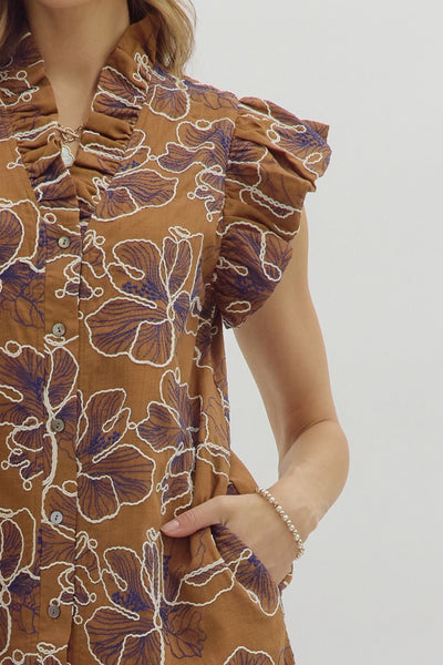 meant to shine floral embroidered dress | camel