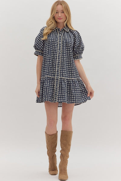 all spruced up geometric puff sleeve mini dress | navy