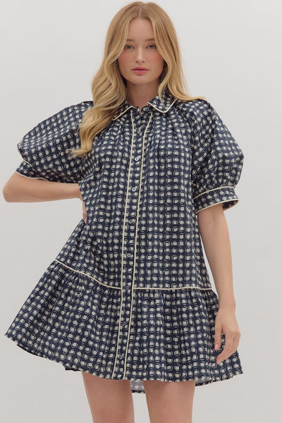 all spruced up geometric puff sleeve mini dress | navy