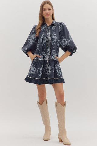 cloud nine nights floral puff sleeve dress | navy