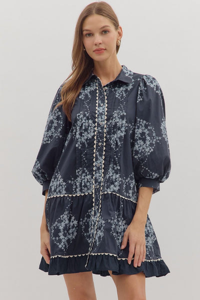 cloud nine nights floral puff sleeve dress | navy