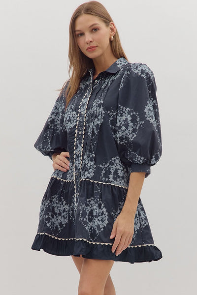 cloud nine nights floral puff sleeve dress | navy