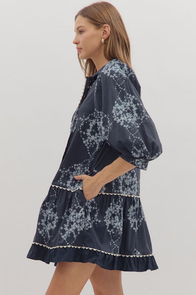 cloud nine nights floral puff sleeve dress | navy