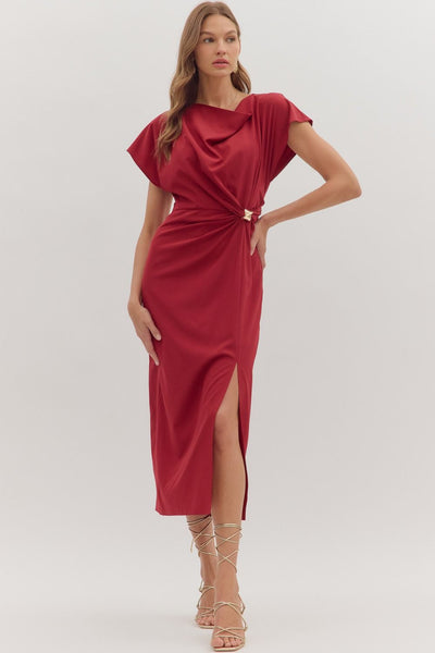 perfectly polished draped neckline midi dress | scarlet