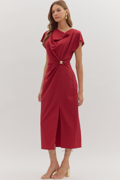 perfectly polished draped neckline midi dress | scarlet