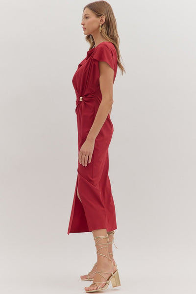 perfectly polished draped neckline midi dress | scarlet