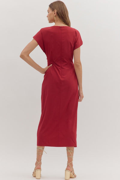perfectly polished draped neckline midi dress | scarlet