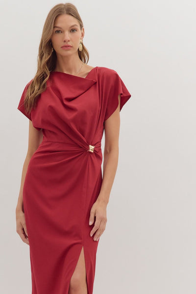 perfectly polished draped neckline midi dress | scarlet