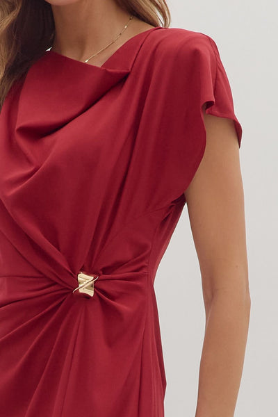 perfectly polished draped neckline midi dress | scarlet