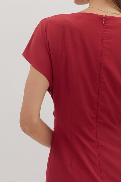 perfectly polished draped neckline midi dress | scarlet