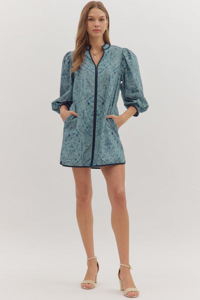 carefully considered floral zipper front dress | slate blue
