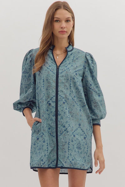 carefully considered floral zipper front dress | slate blue
