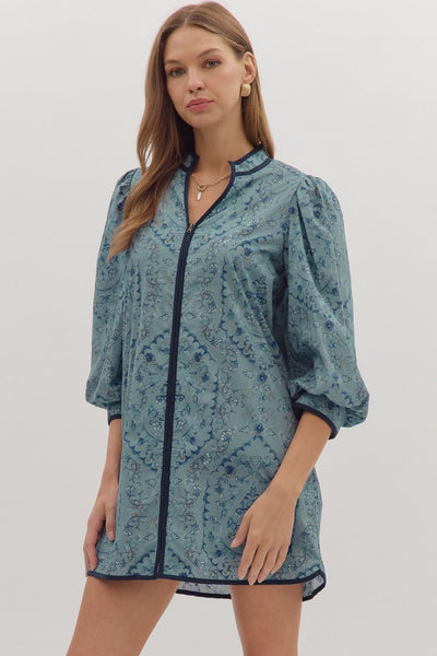 carefully considered floral zipper front dress | slate blue