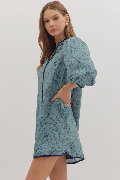 carefully considered floral zipper front dress | slate blue