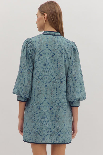 carefully considered floral zipper front dress | slate blue