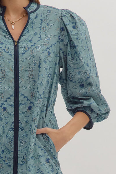 carefully considered floral zipper front dress | slate blue