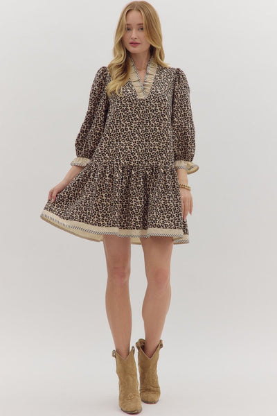 might surprise you animal print ruffle trim dress | taupe