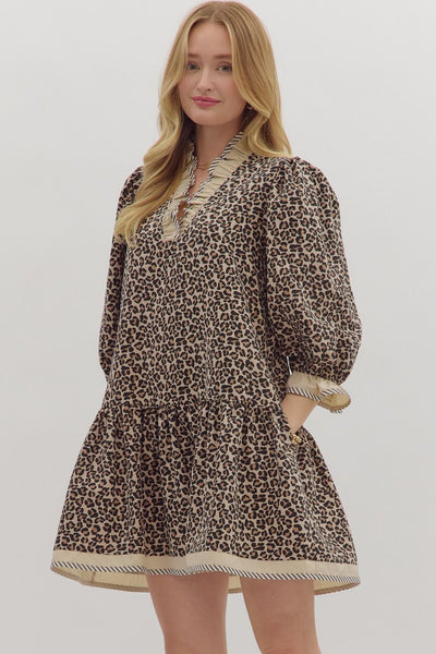 might surprise you animal print ruffle trim dress | taupe