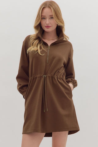 start of something quarter zip adjustable waist scuba dress | coffee