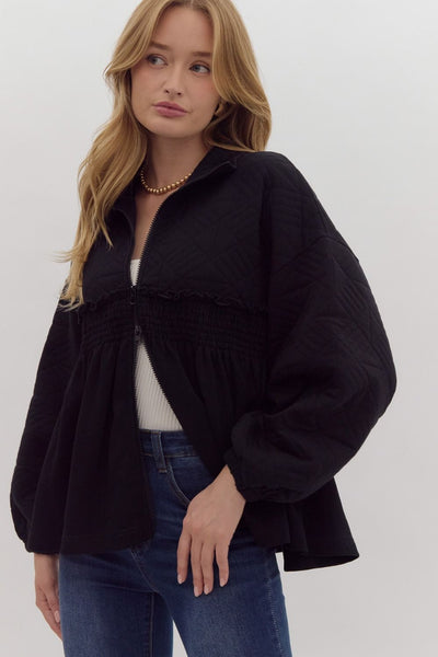 chic sophistication ruffled zip up jacket | black