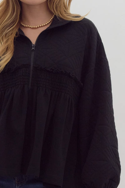 chic sophistication ruffled zip up jacket | black