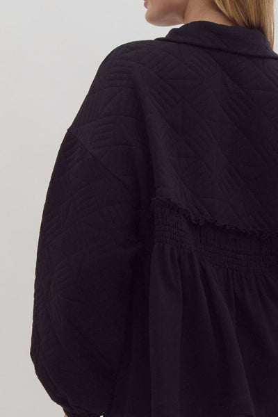 chic sophistication ruffled zip up jacket | black