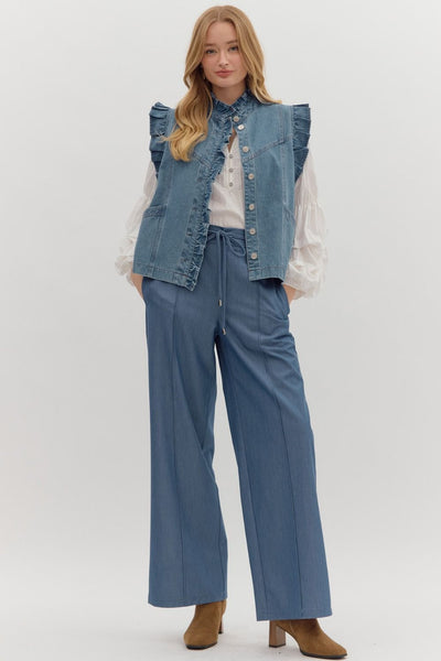 thinking about you oversized ruffle vest | light denim