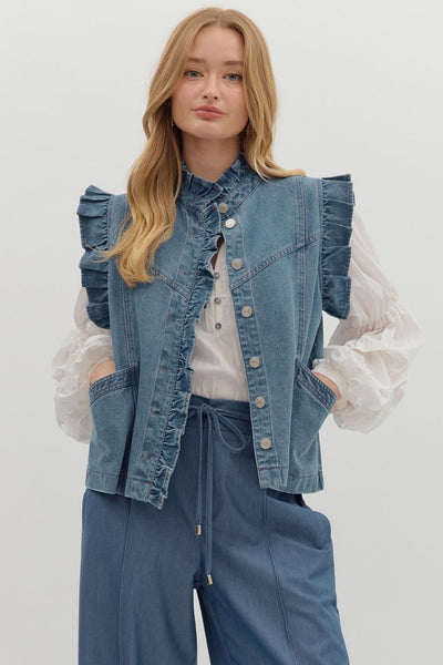 thinking about you oversized ruffle vest | light denim