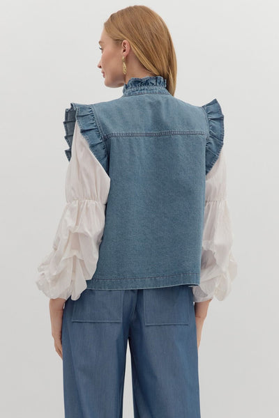 thinking about you oversized ruffle vest | light denim