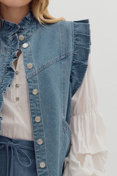 thinking about you oversized ruffle vest | light denim