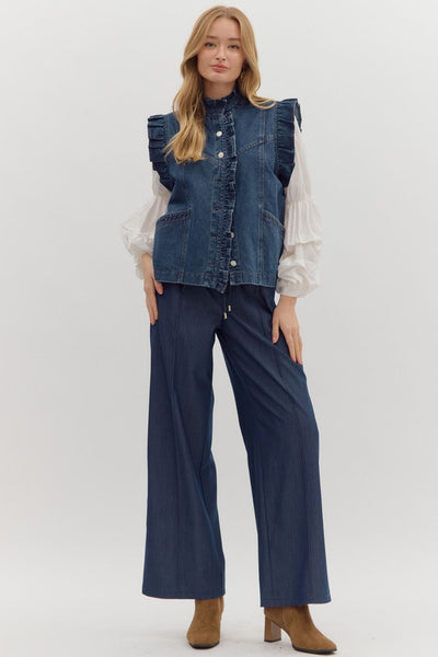 thinking about you oversized ruffle vest | dark denim