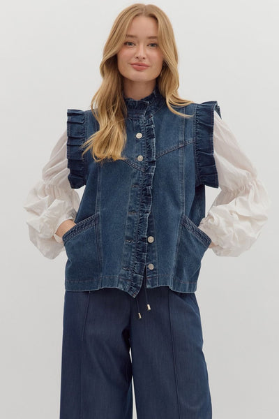 thinking about you oversized ruffle vest | dark denim