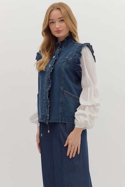 thinking about you oversized ruffle vest | dark denim