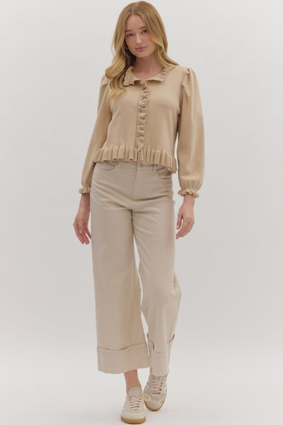 hard to get bubble sleeve ruffle trim cardigan | khaki