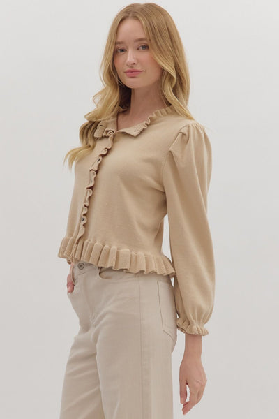 hard to get bubble sleeve ruffle trim cardigan | khaki