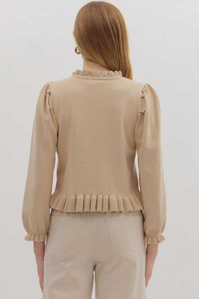 hard to get bubble sleeve ruffle trim cardigan | khaki
