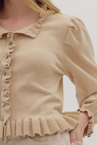 hard to get bubble sleeve ruffle trim cardigan | khaki