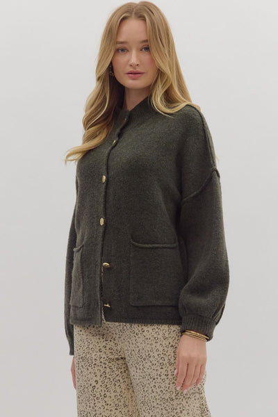 defining moment mock neck cardigan | olive